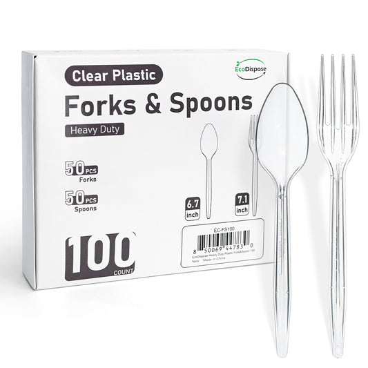 EcoDispose 100 Count Plastic Silverware, Heavy Duty Plastic 50 Forks & 50 Spoons Disposable Utensils Cutlery Set for Party Supplies