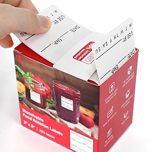 EcoDispose Dissolvable Food Labels 2 x 2 Inch Shelf Life for Containers Use by Roll of 250 Labels