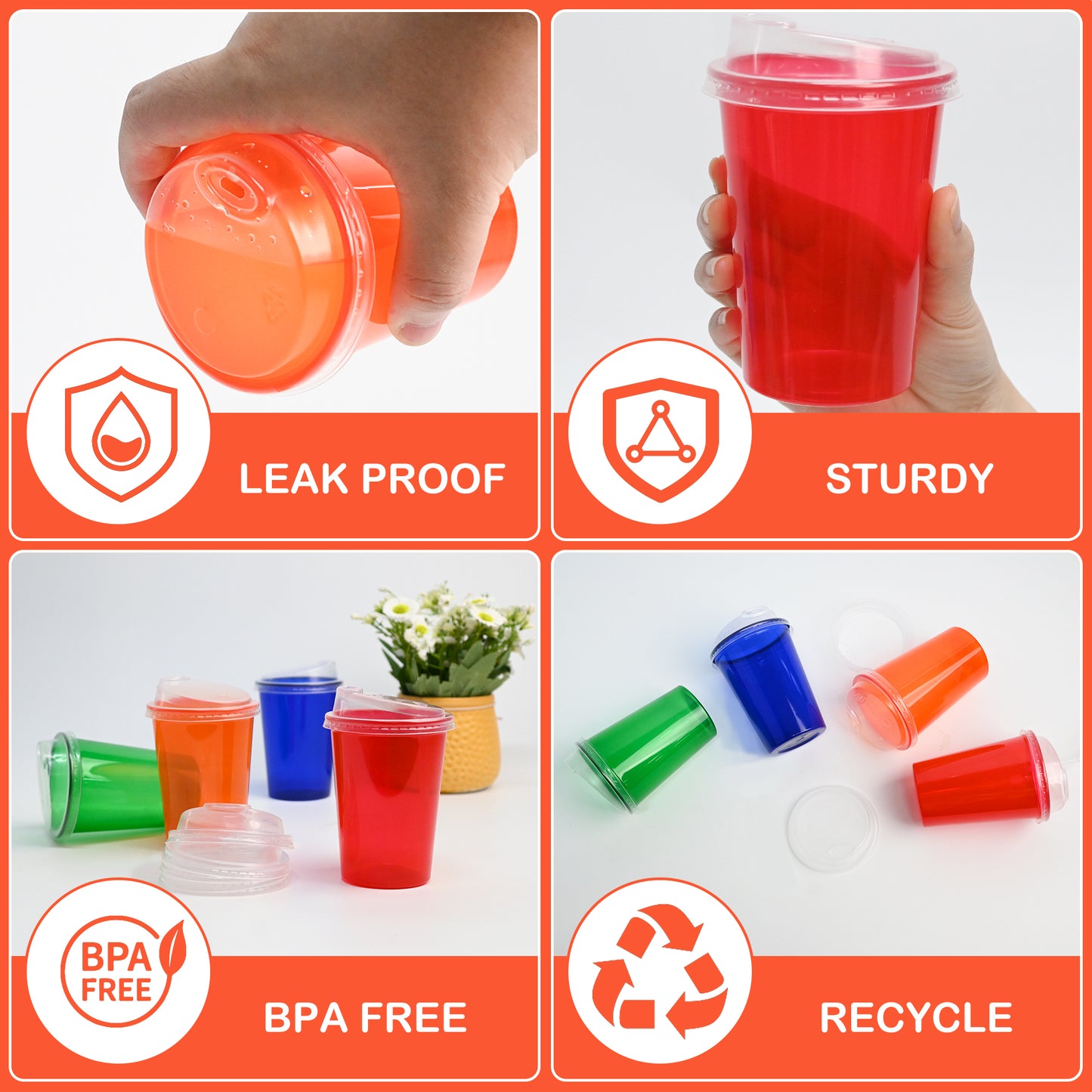 EcoDispose 12 Oz Kids Sippy Cups, 20 Count Spill Proof Reusable Cups, BPA-Free, 4 Colours Assorted Perfect for Party