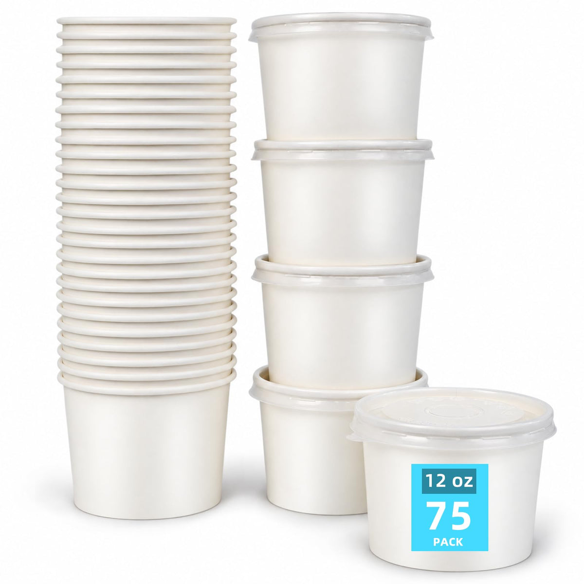 75 Pack 12 oz Paper Ice Cream Cups with Lids, Snack Bowls Hot or Cold Food, Leak-Resistant To Go Containers for Soup, Sundae, Disposable Snack Bowls for Birthday, Wedding