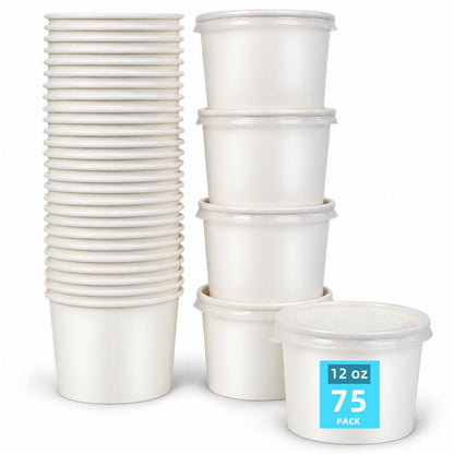 75 Pack 12 oz Paper Ice Cream Cups with Lids, Snack Bowls Hot or Cold Food, Leak-Resistant To Go Containers for Soup, Sundae, Disposable Snack Bowls for Birthday, Wedding