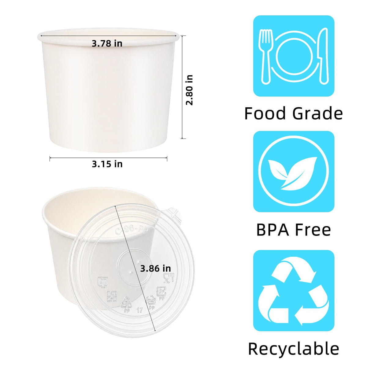 75 Pack 12 oz Paper Ice Cream Cups with Lids, Snack Bowls Hot or Cold Food, Leak-Resistant To Go Containers for Soup, Sundae, Disposable Snack Bowls for Birthday, Wedding