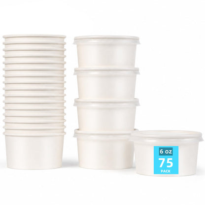 75 Pack 6 oz Paper Ice Cream Cups with Lids, Dessert Bowls Hot or Cold Food, Leak-Resistant To Go Containers for Soup, Sundae, Disposable Snack Bowls for Birthday, Wedding