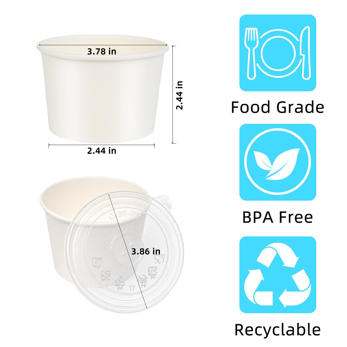 75 Pack 8 oz Paper Ice Cream Cups with Lids, Dessert Bowls Hot or Cold Food, Leak-Resistant To Go Containers for Soup, Sundae, Disposable Snack Bowls for Birthday, Wedding