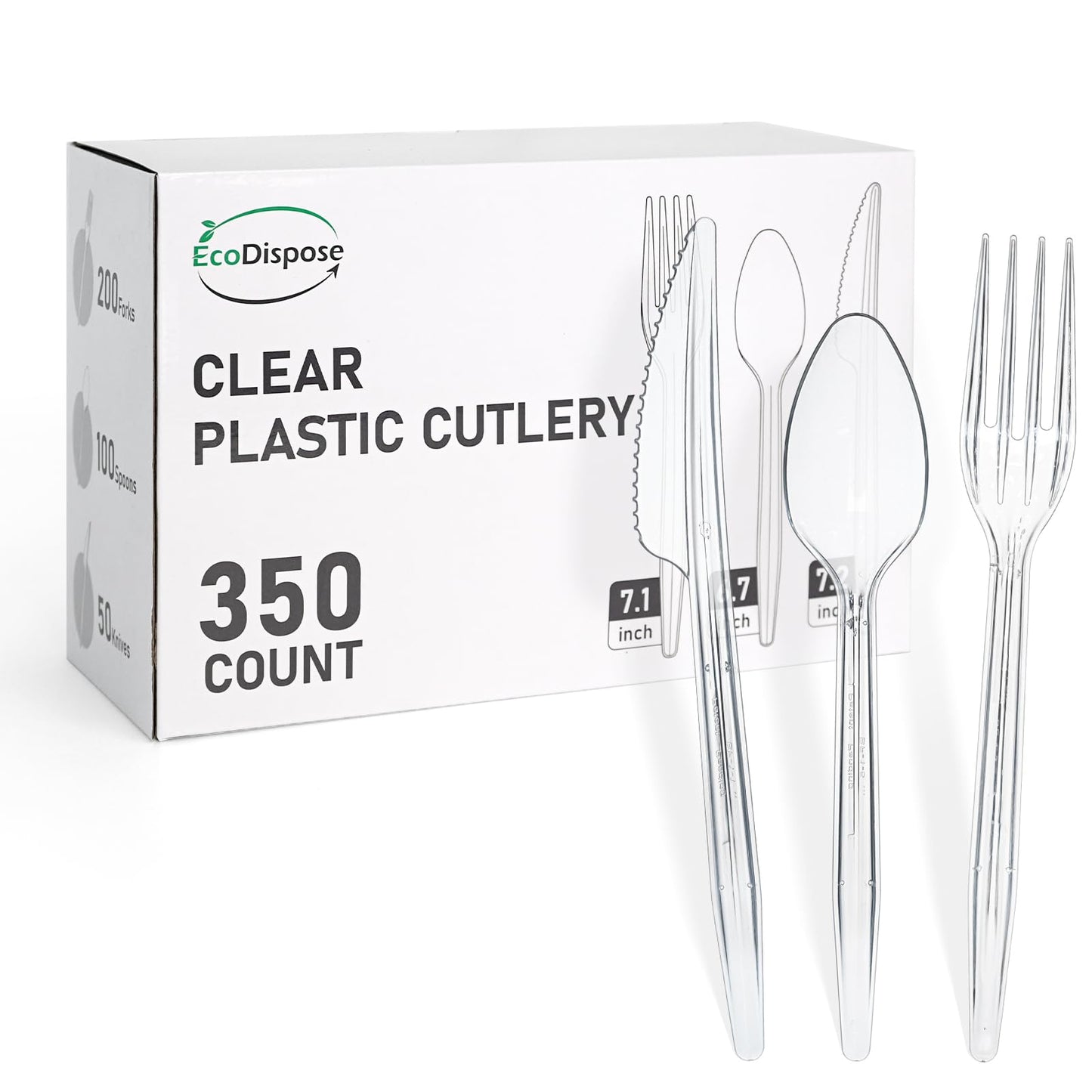 EcoDispose 350 Count Plastic Silverware, Heavy Duty Plastic 200 Forks. 100 Spoons, 50 Knives Disposable Utensils Cutlery Set for Party Supplies