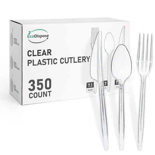 EcoDispose 350 Count Plastic Silverware, Heavy Duty Plastic 200 Forks. 100 Spoons, 50 Knives Disposable Utensils Cutlery Set for Party Supplies