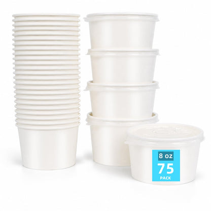 75 Pack 8 oz Paper Ice Cream Cups with Lids, Dessert Bowls Hot or Cold Food, Leak-Resistant To Go Containers for Soup, Sundae, Disposable Snack Bowls for Birthday, Wedding