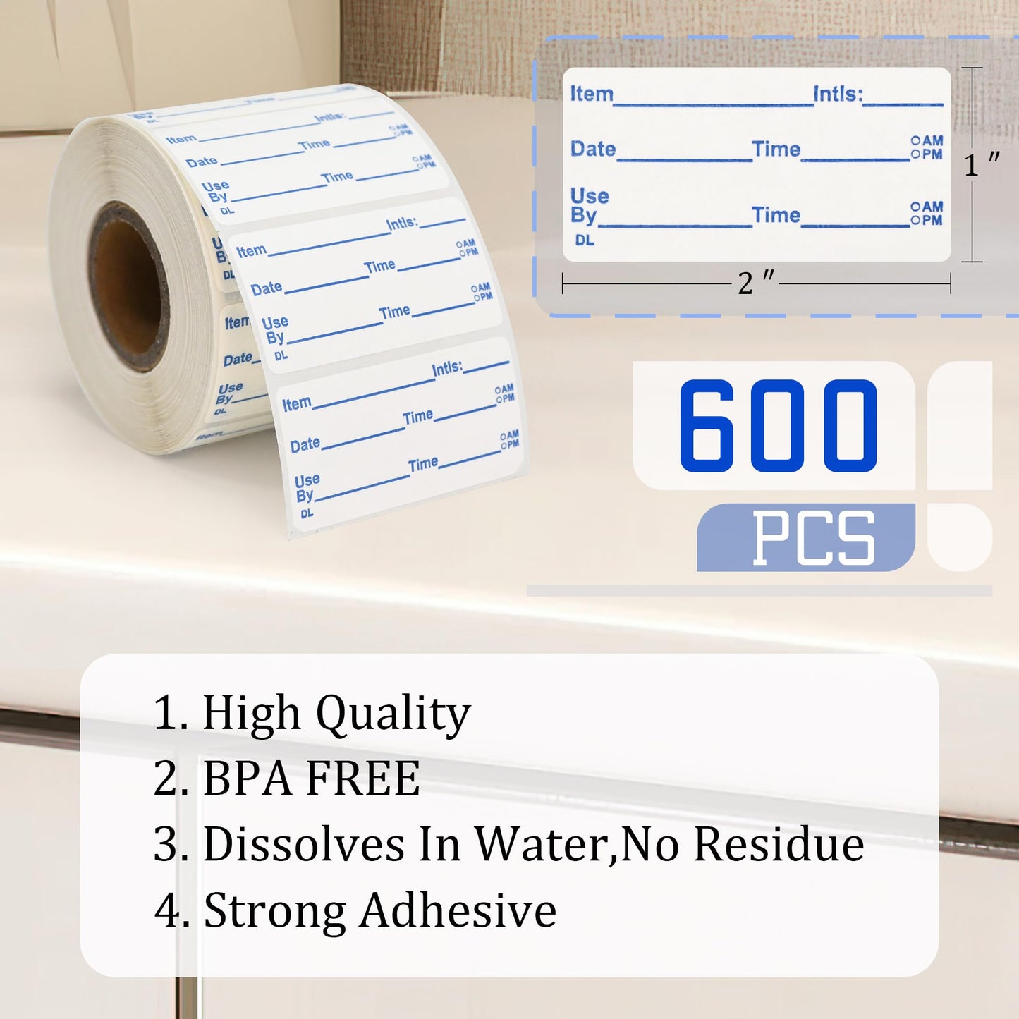 EcoDispose Dissolvable Food Labels, Roll of 600, Disposable Canning Labels, 2" x 1", 1 Rolls, Blue