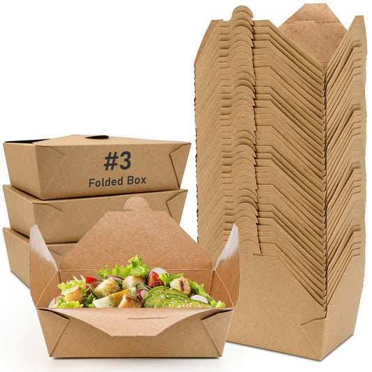 EcoDispose #3 71 oz Kraft Paper Fold To Go Containers, Microwaveable Leak and Grease Proof Take Out Boxes for Lunch,Leftover and Restaurant