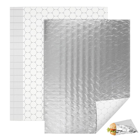 EcoDispose 10-1/2” x 14” Pre-Cut Insulated Foil Sandwich Wrap Sheets Grease-Resistant for Hot Food