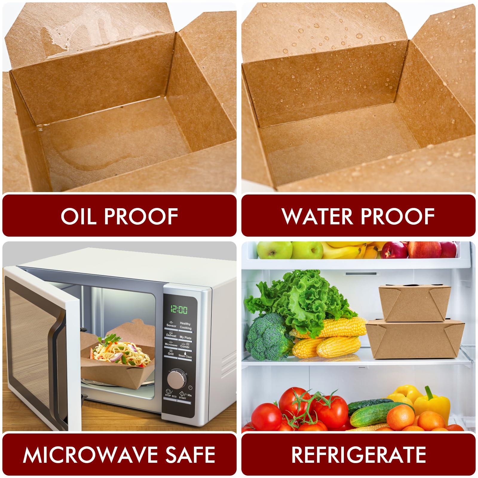 EcoDispose 45 oz Kraft Paper Fold To Go Containers, Microwaveable Leak and Grease Proof Take Out Boxes for Lunch,Leftover and Restaurant